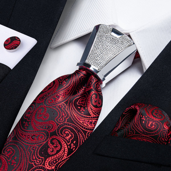 Black Red Paisley Tie Pocket Square Cufflinks Set with Spacious Ring