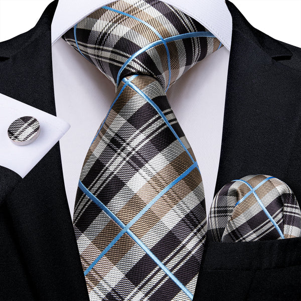 New Brown Grey Plaid Silk Fabric Tie Hanky Cufflinks Set