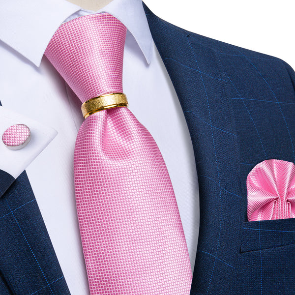 Baby Pink Solid Tie Ring Pocket Square Cufflinks Set