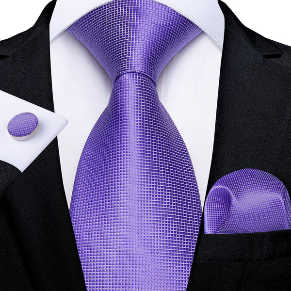 Purple Plaid Necktie Pocket Square Cufflinks Set