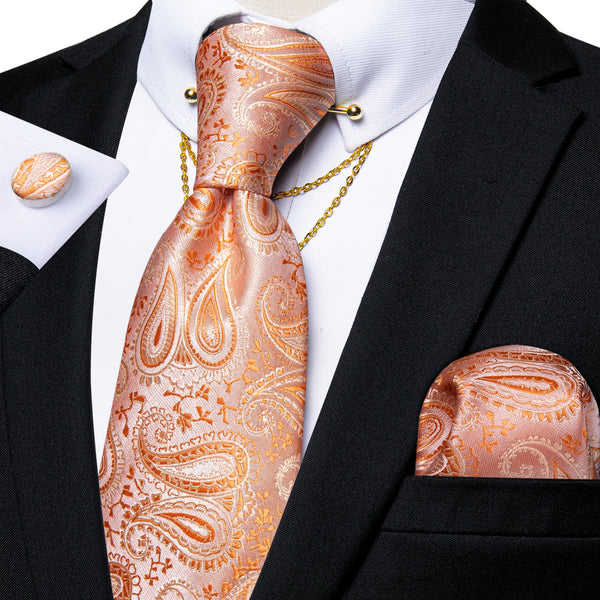 Orange Paisley Men's Tie Hanky Cufflinks Set with Chain Collar Pin