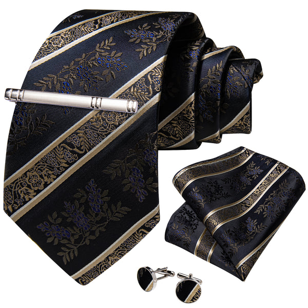 Champagne Beige Black Floral Silk Tie Pocket Square Cufflinks Set with Tie Clip