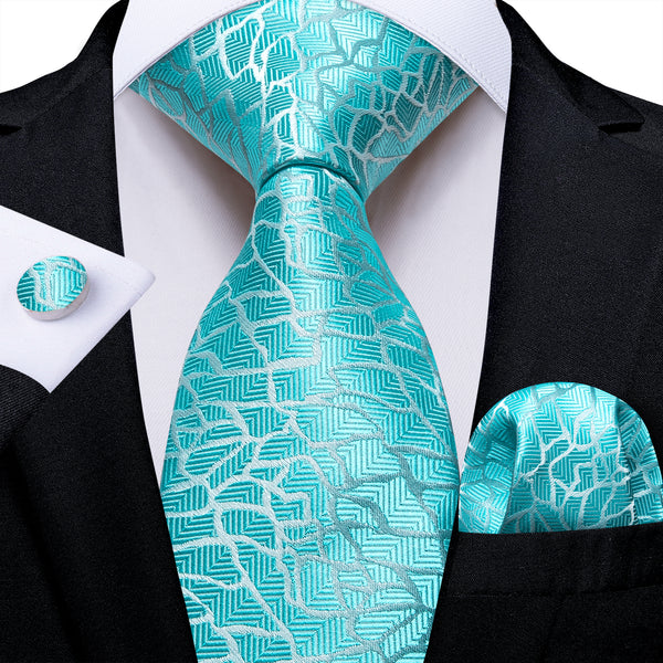 Lake Blue Novelty Silk Fabric Tie Hanky Cufflinks Set