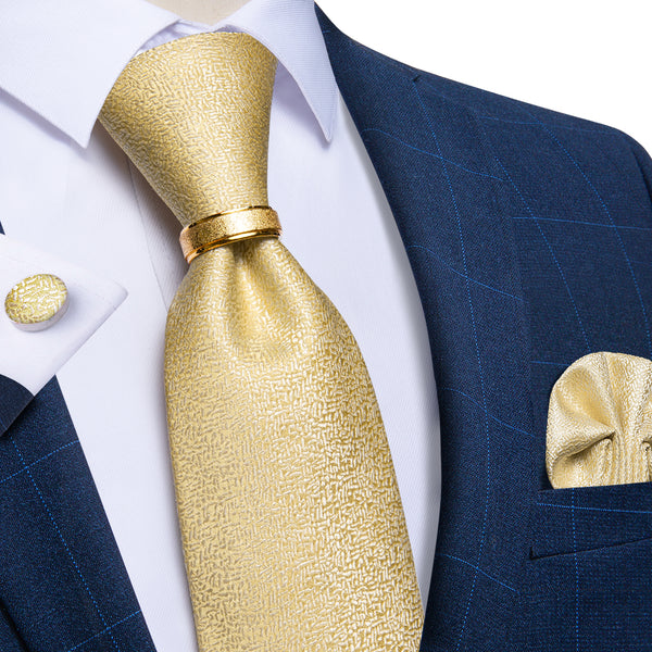 Classic Yellow Solid Tie Ring Pocket Square Cufflinks Set