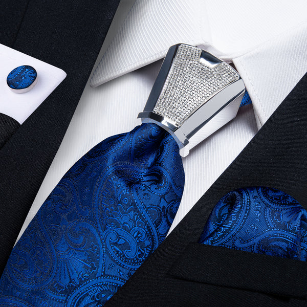 Deep Blue Paisley Tie Pocket Square Cufflinks Set with Spacious Ring