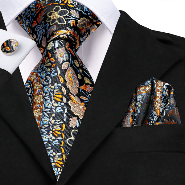 Black Golden Paisley Silk Fabric Men's Tie Hanky Cufflinks Set 8cm