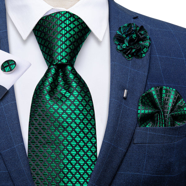 Green Plaid Tie Pocket Square Cufflinks Set with Lapel Pin