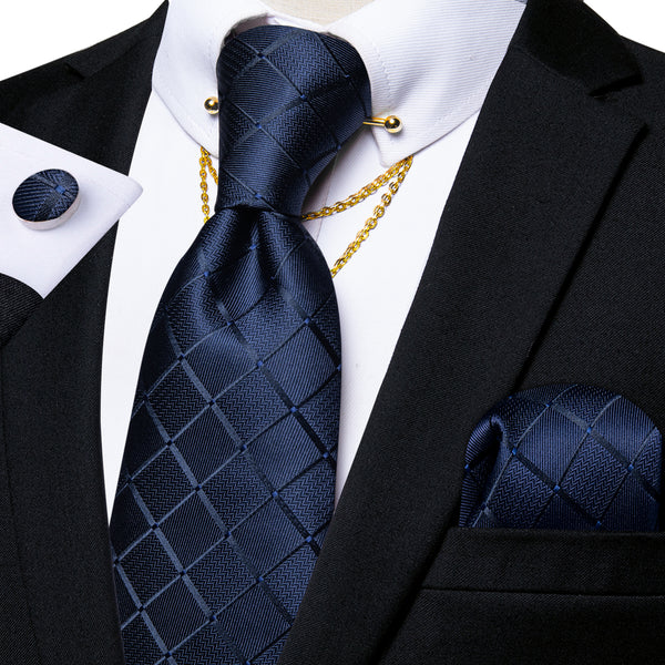 Deep Blue Plaid Men's Tie Hanky Cufflinks Set with Chain Collar Pin