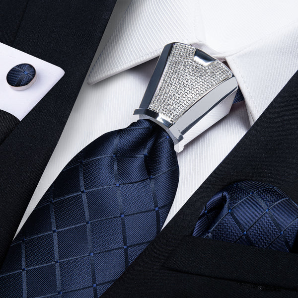 Deep Blue Plaid Tie Pocket Square Cufflinks Set with Spacious Ring