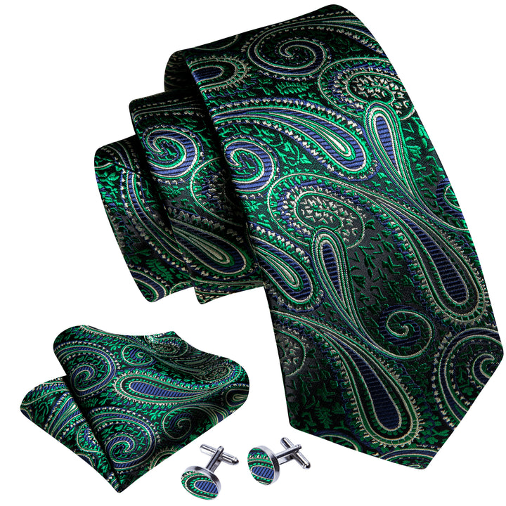 green blue paisley mens silk tie handkerchief cufflinks set