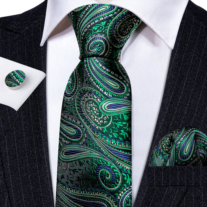 green blue paisley mens silk tie handkerchief cufflinks set