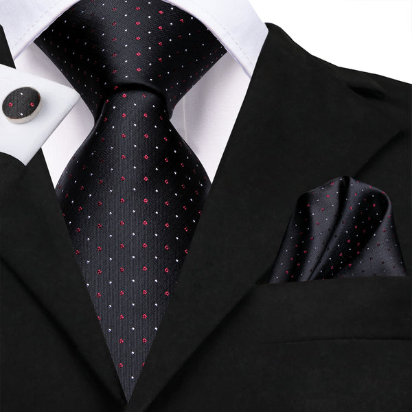 Black Red Polka Dot Mens's Tie Pocket Square Cufflinks Set