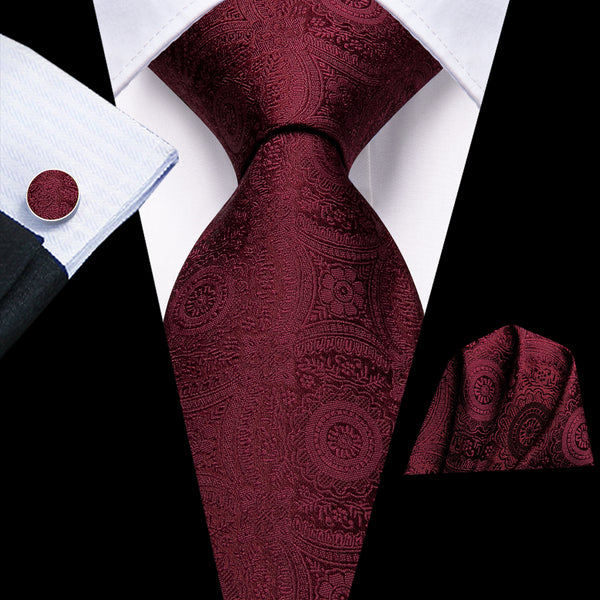Men's Solid Wine Red Floral Necktie Pocket Square Cufflinks Set