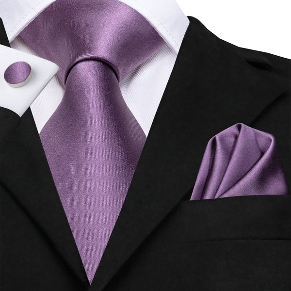 Shiny Purple Solid Tie Pocket Square Cufflinks Set