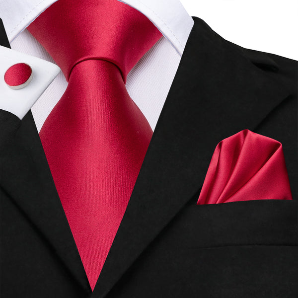 New Red Solid Tie Pocket Square Cufflinks Set