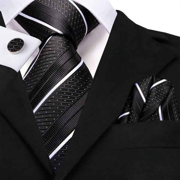 Black White Line Striped Tie Pocket Square Cufflinks Set