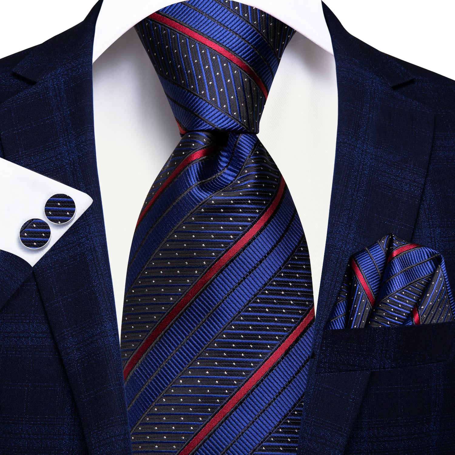 Deep Blue Red Line Striped Tie Pocket Square Cufflinks Set – ties2you