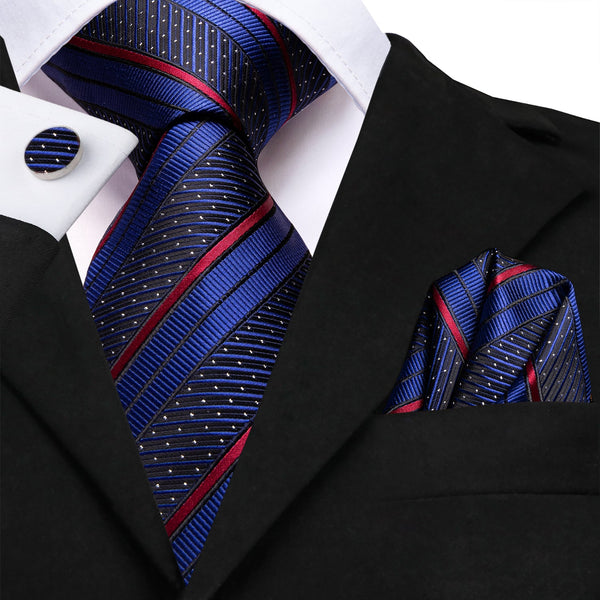 Deep Blue Red Line Striped 70 Inch Extra Long Tie Pocket Square Cufflinks Set