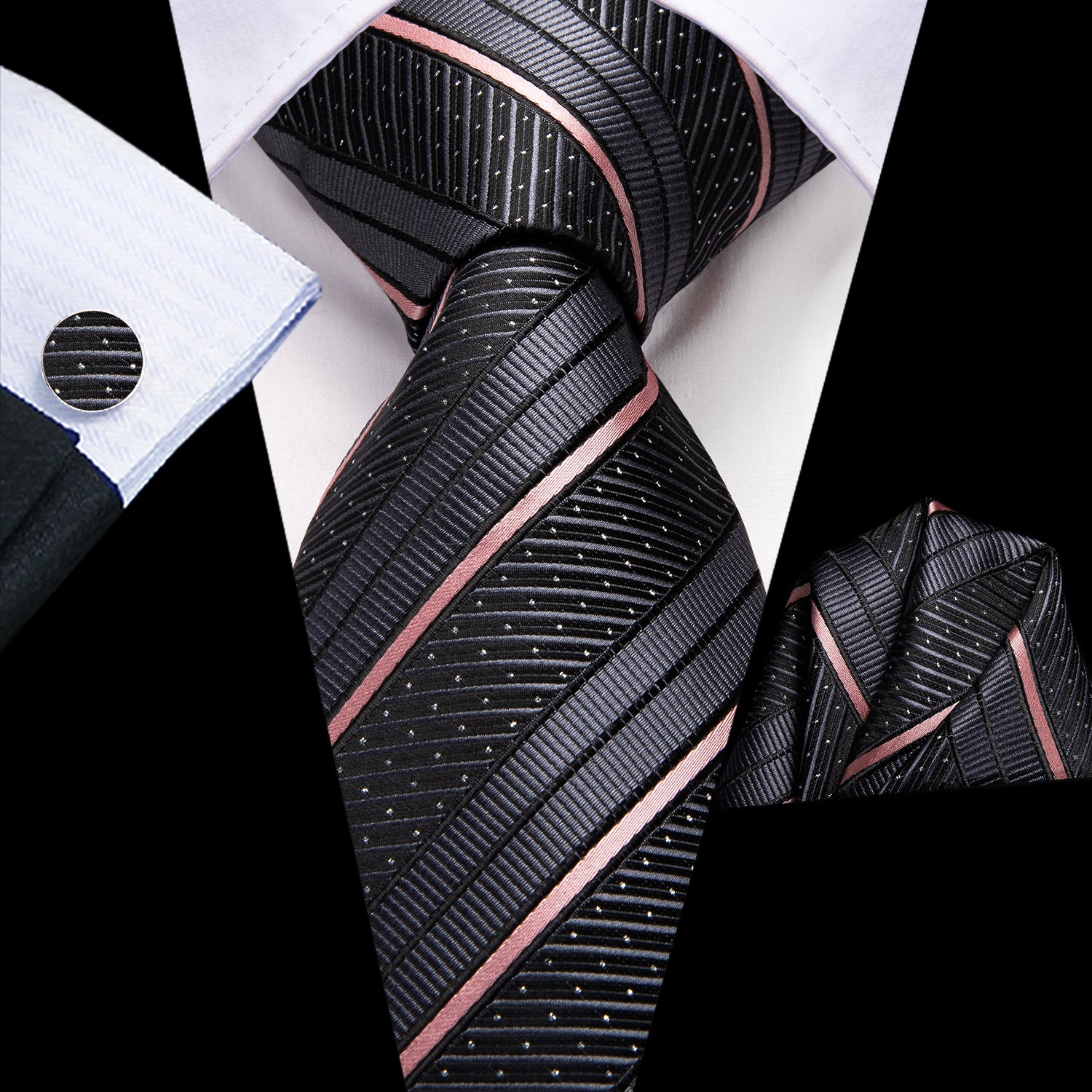 Grey Pink Line Striped Tie Pocket Square Cufflinks Set – ties2you