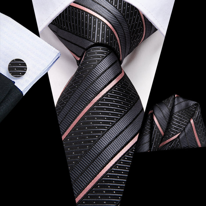 Grey Pink Line Silk Striped popular mens ties  Pocket Square Cufflinks Set