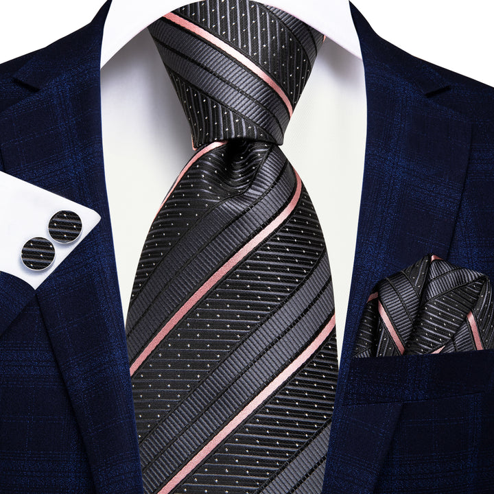 Grey Pink Line Silk Striped polka dot necktie Pocket Square Cufflinks Set