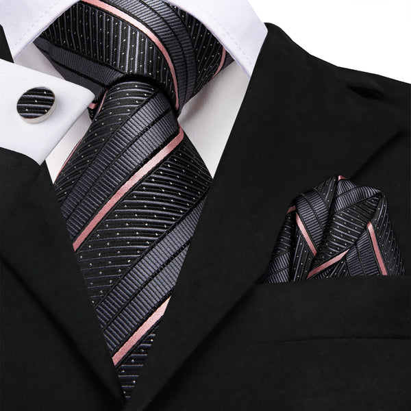Grey Pink Line Striped Tie Pocket Square Cufflinks Set