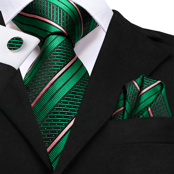 Green Pink Line Striped Tie Pocket Square Cufflinks Set