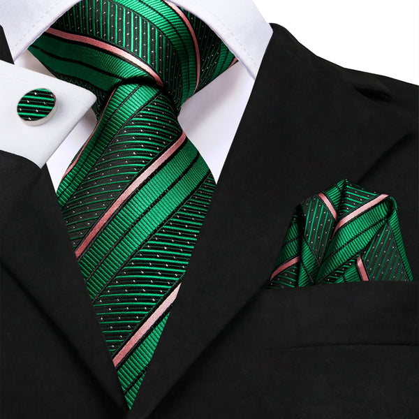 Green Pink Line Striped 70 Inches Extra Long Tie Pocket Square Cufflinks Set