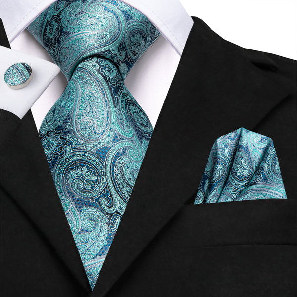 Mint Blue Paisley Tie Handkerchief Cufflinks Set