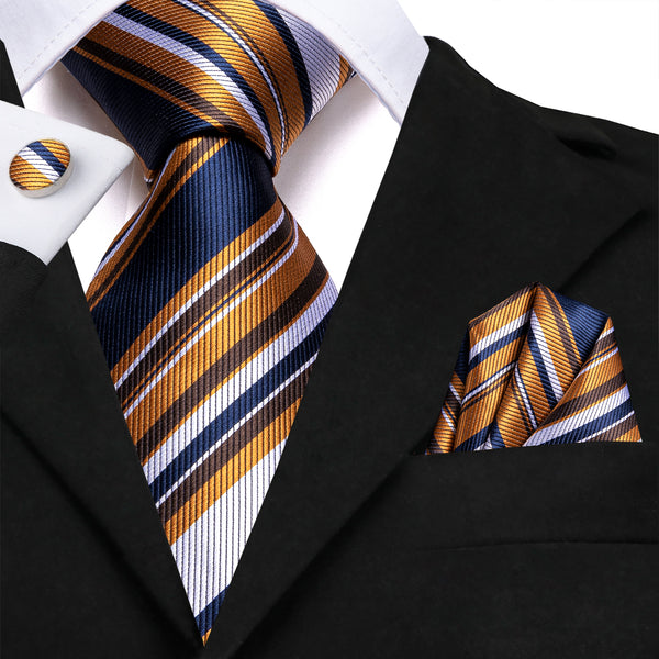 Blue White Golden Striped Tie Handkerchief Cufflinks Set