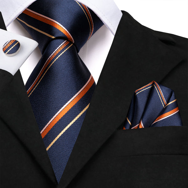 Dark Blue Orange Striped Tie Handkerchief Cufflinks Set