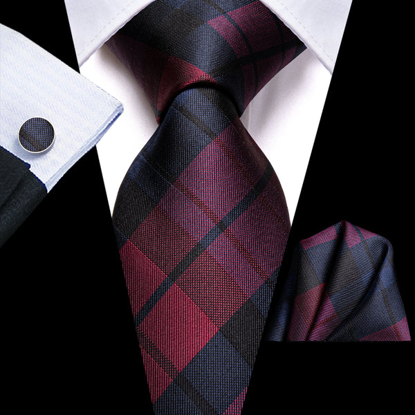 Black Red Plaid Tie Handkerchief Cufflinks Set