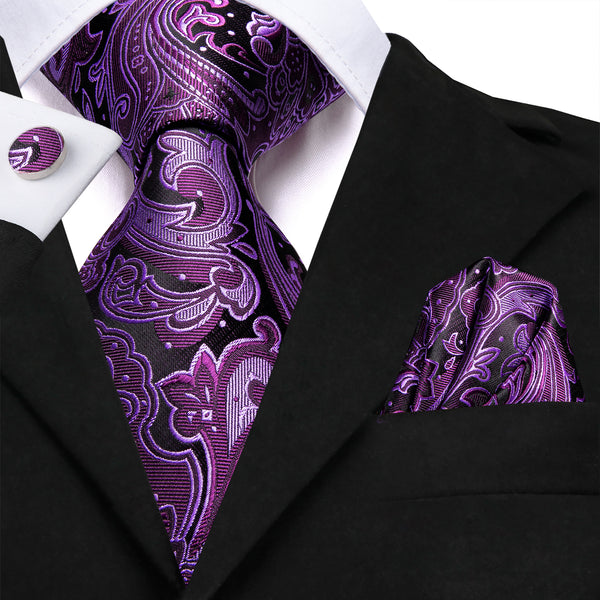 Black Purple Floral Men's Necktie Pocket Square Cufflinks Set