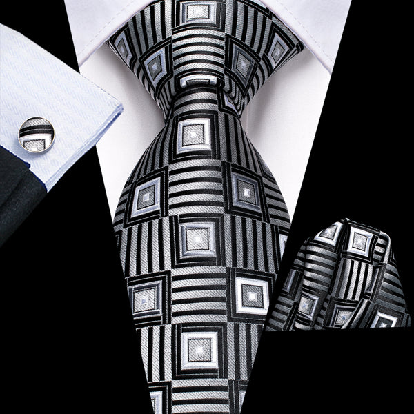 Black White Plaid Men's Tie Handkerchief Cufflinks Set