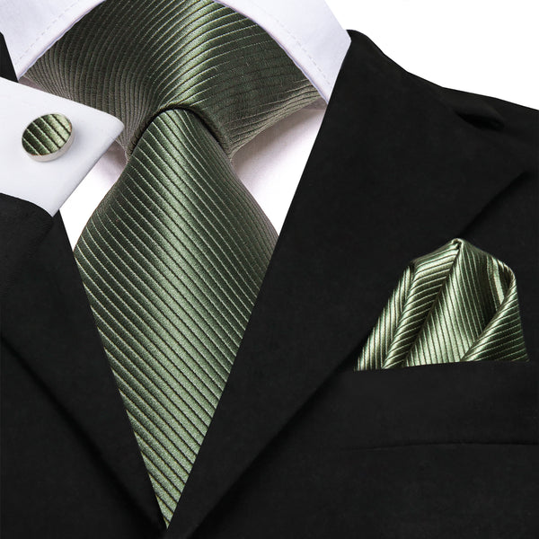 Ties2you Solid Tie Sage Green Silk Tie Pocket Square Cufflinks Set for Men