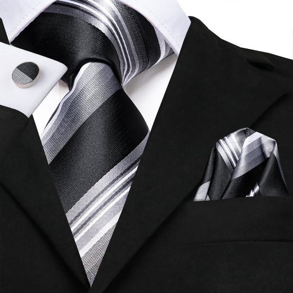 Black Grey Striped Silk Tie Pocket Square Cufflinks Set