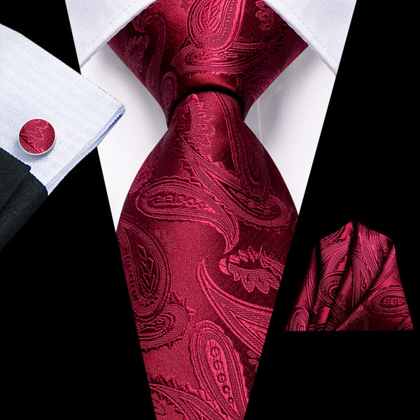 Classic Red Paisley Silk Tie Pocket Square Cufflinks Set