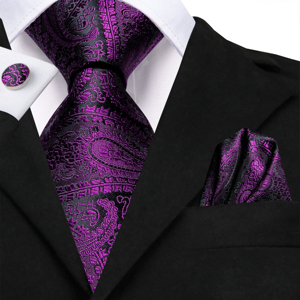 Classic Black Purple Paisley Silk Tie Pocket Square Cufflinks Set