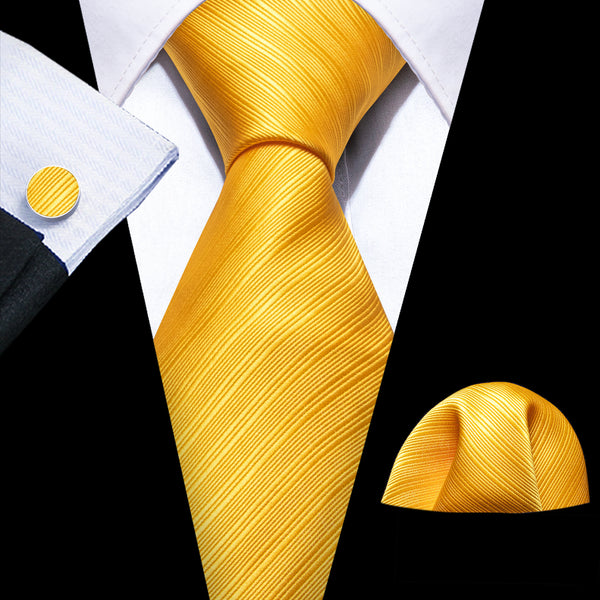 Silver Yellow Striped Silk Men's Tie Hanky Cufflinks Set