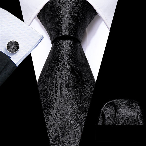 Black Paisley Men's Tie Pocket Square Cufflinks Set