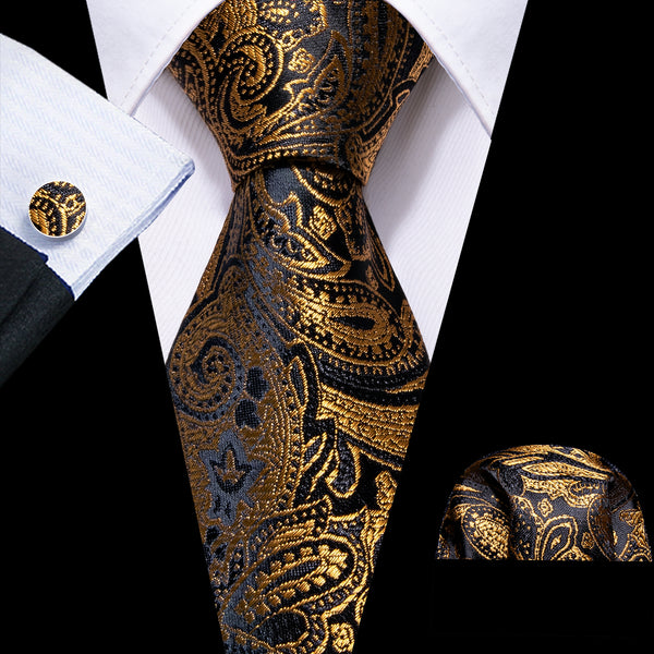 Luxury Black Golden Paisley Men's Tie Pocket Square Cufflinks Set