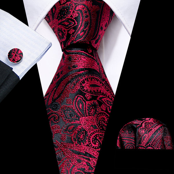 Luxury Black Red Paisley Men's Tie Pocket Square Cufflinks Set
