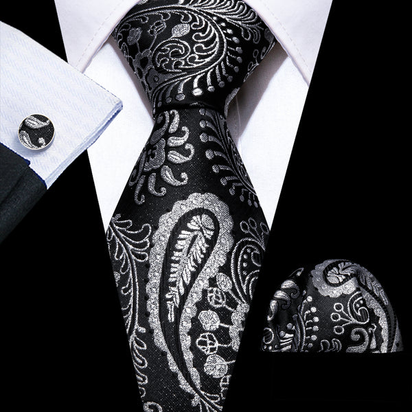 Black Silver Paisley Silk Men's Necktie Pocket Square Cufflinks Set
