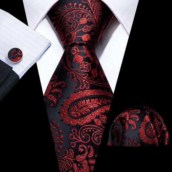 Black Burgundy Paisley Silk Men's Necktie Pocket Square Cufflinks Set