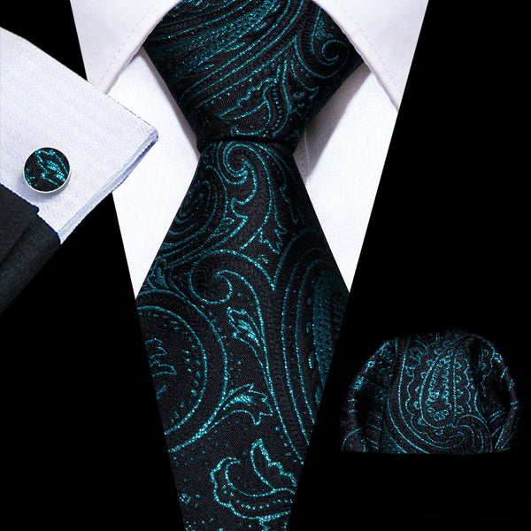 Black Lake Blue Line Paisley Silk Men's Necktie Pocket Square Cufflinks Set