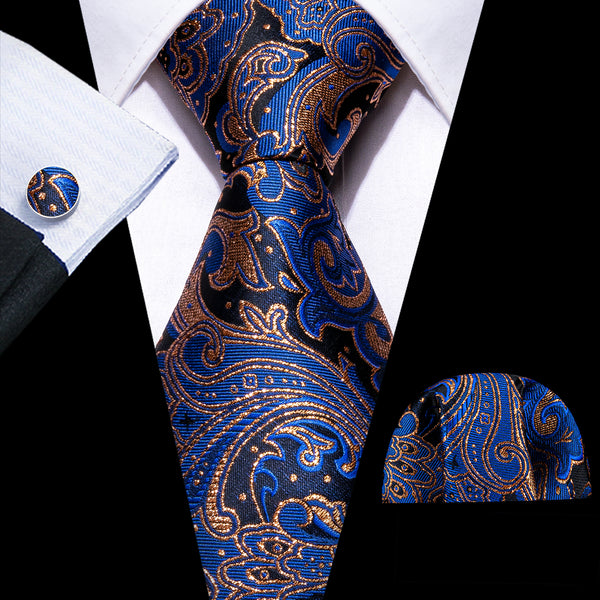 Blue with Golden Line Floral Silk Men's Necktie Pocket Square Cufflinks Set