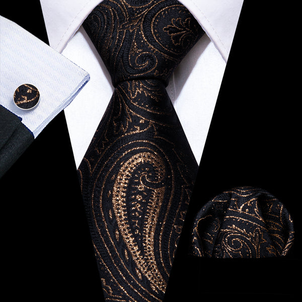 Black with Golden Line Paisley Silk Men's Necktie Pocket Square Cufflinks Set