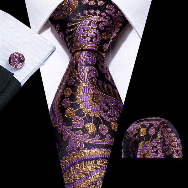 Black Purple Paisley Silk Men's Necktie Pocket Square Cufflinks Set