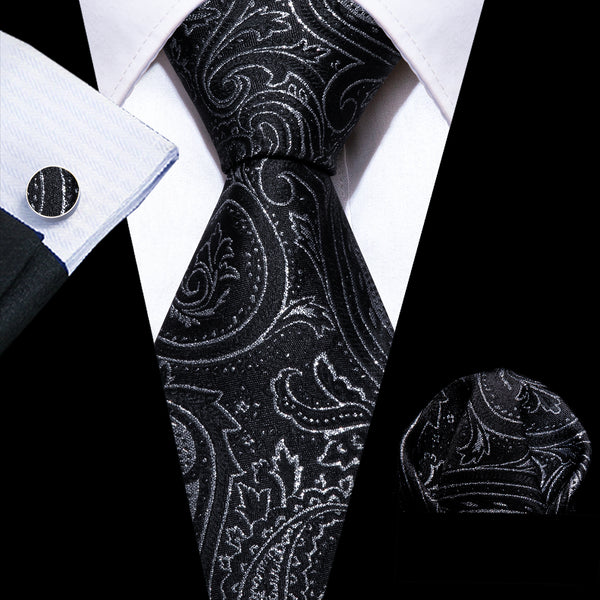 Black Silver Paisley Silk Men's Necktie Pocket Square Cufflinks Set