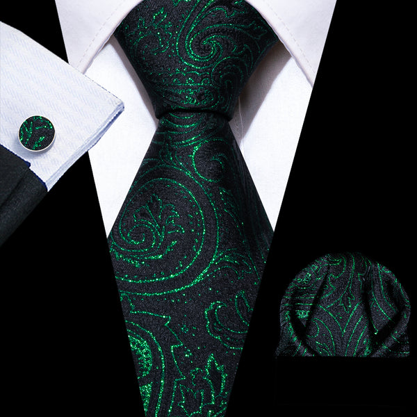 Black Green Paisley Silk Men's Necktie Pocket Square Cufflinks Set